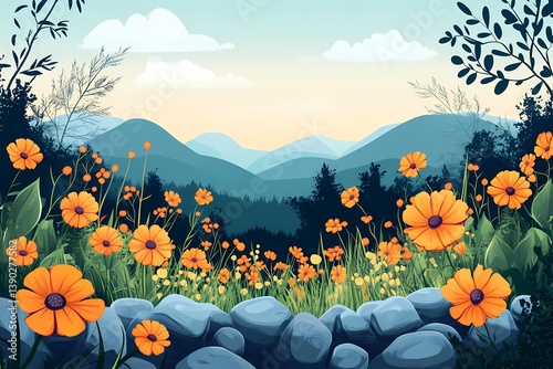 Vibrant Floral Landscape Illustration: Colorful Landscape Design with Mountains and Eco-Friendly Natural Beauty