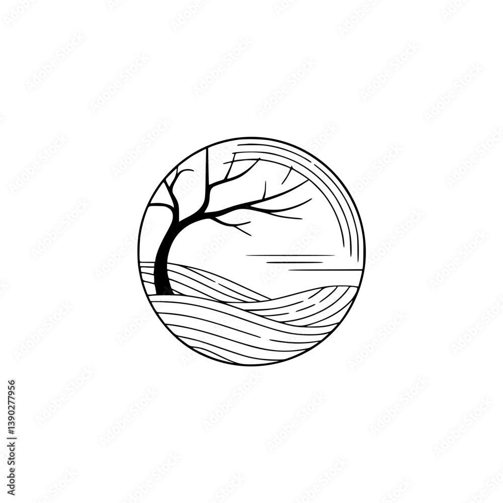 Minimalist Tree & Landscape Circle Logo, Black & White, Nature Illustration Minimalist Tree & Landscape Circle Logo, Black & White, Nature Illustration