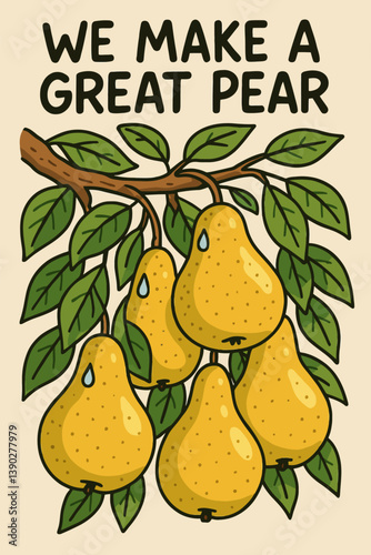 Cartoon Pears Hanging on Tree Branch with Punny Message