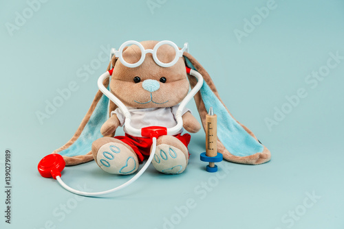 Child's plush bunny toy with a toy stethoscope in the role of a doctor on a blue isolated background. The concept of medicine for children. Child-Friendly