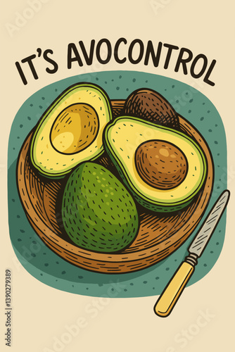 Avocado Still Life in Wooden Bowl with Knife Illustration