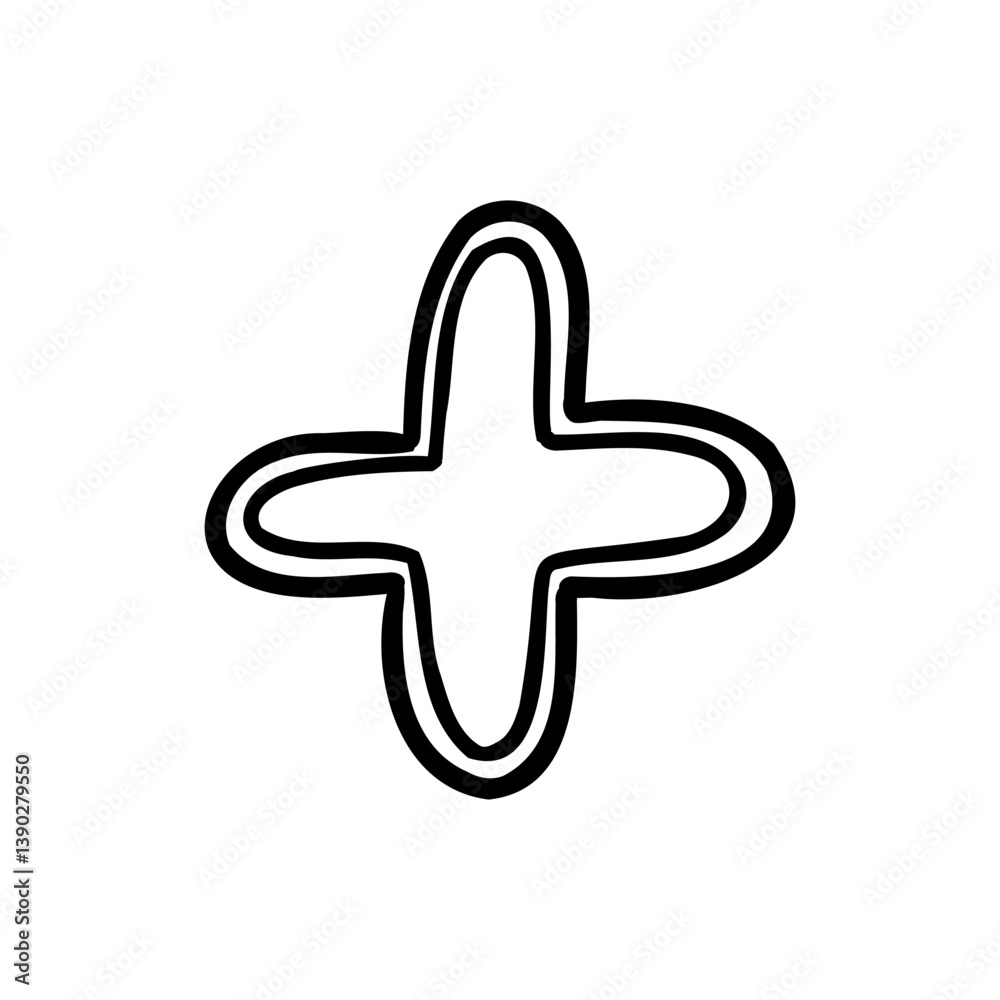 Obraz premium Stroke plus add symbol in outline hand drawn style. Vector illustration isolated on white background. For typography, font, shop, logo, alphabet, sales, signboard, education, branding, presentation.
