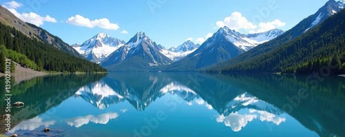 Pristine lake reflecting snow-capped mountains under clear blue sky,  reflection,  wilderness