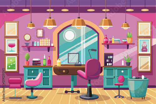 A brightly colored cartoon illustration depicting a modern salon interior with pink chairs, a large arched window, and hanging light fixtures.