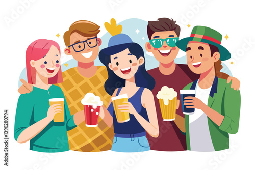 A group of four friends, including two men and two women, are smiling and enjoying their drinks at a party.
