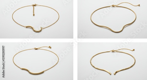 Elegant collection featuring four exquisite golden matinee necklaces on white backdrop
