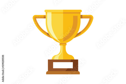 A golden trophy with a brown base stands on a white background. The trophy is a simple design with two handles and a flat, rounded top.