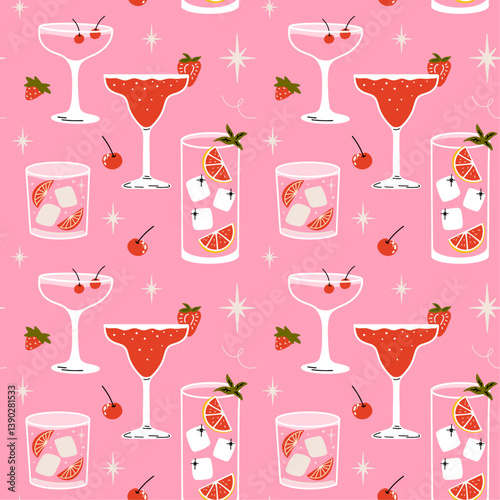 Classical alcohol cocktails seamless vector pattern with cartoon retro groovy funky illustration of various summer fancy party drinks in different shapes glasses. Cosmopolitan, Paloma, Daiquiri