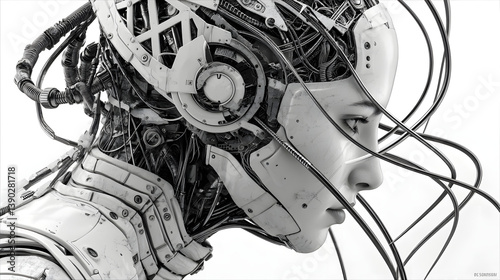 Futuristic Female Android with Exposed Mechanical Components.
A highly detailed and artistic rendering of a futuristic female android with a serene expression, showcasing intricate internal machinery
