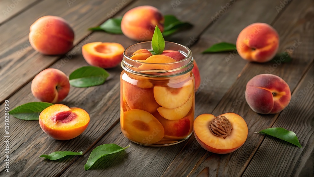 Canned peaches in jar on wooden table delicious fruit preserve dessert Canned peaches in jar on wooden table delicious fruit preserve dessert