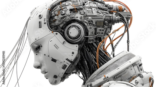 Futuristic Female Android with Exposed Mechanical Components.
A highly detailed and artistic rendering of a futuristic female android with a serene expression, showcasing intricate internal machinery
