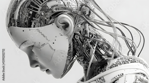 Futuristic Female Android with Exposed Mechanical Components.
A highly detailed and artistic rendering of a futuristic female android with a serene expression, showcasing intricate internal machinery
