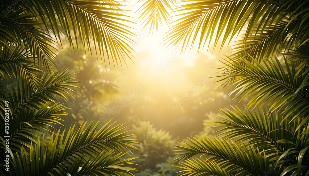 Soft Glowing Light Behind Green Palm Fronds with Center Copy Space for a Warm Palm Sunday Design Soft Glowing Light Behind Green Palm Fronds with Center Copy Space for a Warm Palm Sunday Design