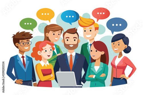 A man with a beard is surrounded by smiling business professionals discussing animatedly while looking at a laptop, as seen in speech bubbles above their heads.