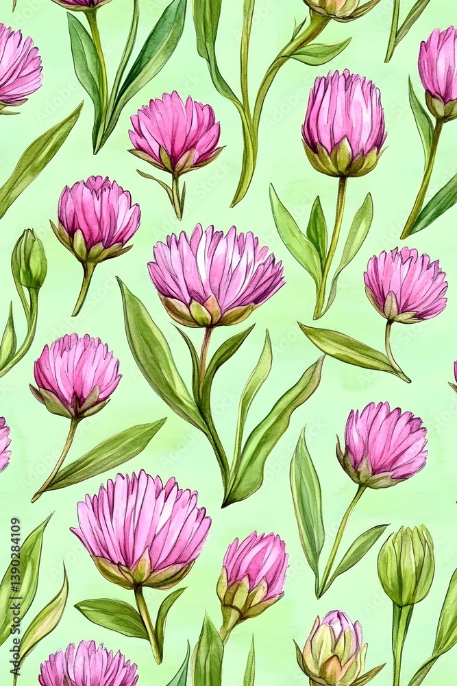 Obraz premium Watercolor Pink Flower Seamless Pattern Botanical Illustration