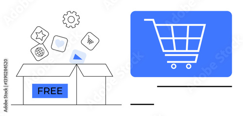Open box labeled free with app icons and gear in minimal design next to blue shopping cart. Ideal for e-commerce, discounts, digital apps, promotions, online stores, software, flat simple metaphor