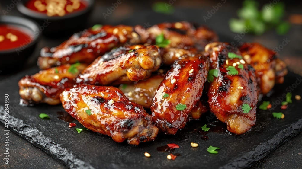 Perfectly grilled, glazed wings piled high on a dark stone platter