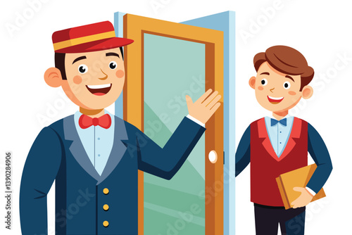 A friendly hotel doorman in uniform welcomes a guest by opening the door and gesturing with an open hand.