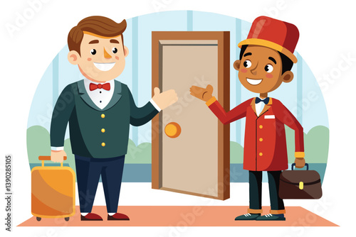 A friendly hotel concierge in a red uniform welcomes a guest with a suitcase to their room. The guest is smiling and holding a suitcase.