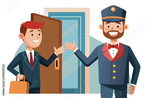 A cartoon illustration of a businessman in a suit, holding a briefcase and smiling, greeting a doorman at the entrance of a building. The doorman is wearing a uniform, a cap, and a bow tie.