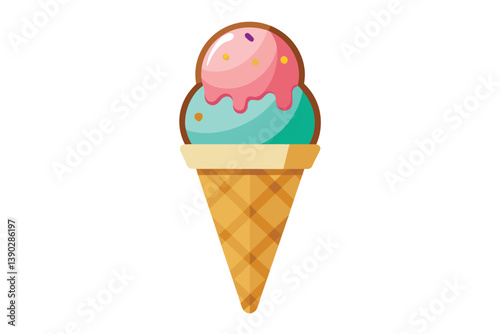 A cartoon illustration of a two scoop ice cream cone with pink and green ice cream and colorful sprinkles.