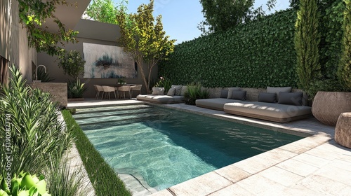 Serene Outdoor Pool Area Surrounded by Lush Greenery and Modern Furniture in Bright Daylight
