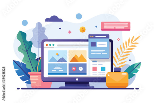 A computer desktop with an open website with images, text, and a video player, surrounded by stylized plants in a modern, flat design style.