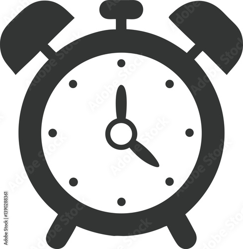 Alarm Clock Icon, Time Symbol, Simple Design, Round Face, Hands and Bells, Isolated