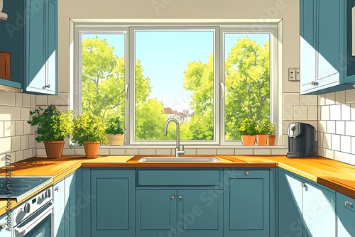 Modern Kitchen Interior with Blue Cabinets and Natural Light Featuring Potted Plants and Eco-Friendly Design Elements