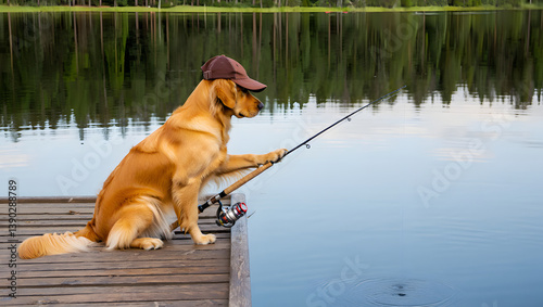 Golden retriever dog fishing on a dock wearing a cap