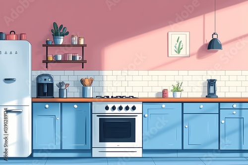 Modern Blue Kitchen Interior Design with Open Shelves and Stylish Appliances