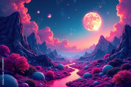 Psychedelic landscape with vibrant colors and surreal shapes, inviting you to explore your mind's depths,  journey, psychedelic