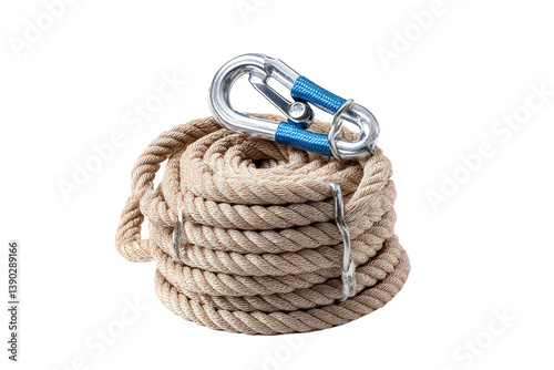 Coiled rope with carabiner, isolated, ready for climbing or rescue