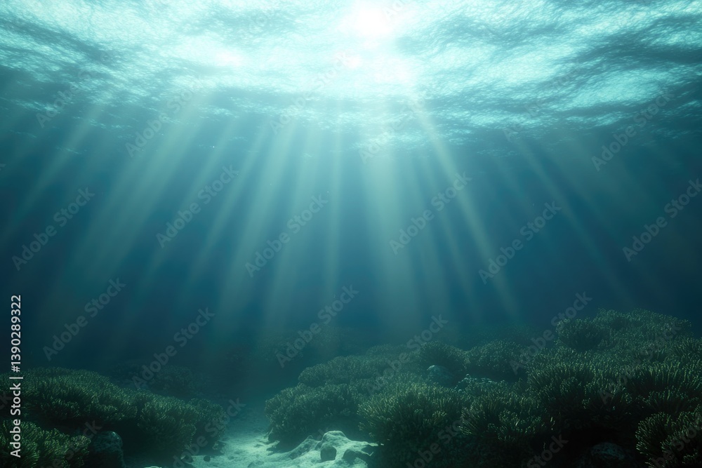 Fototapeta premium Sunlight filters through waves, illuminating serene underwater l