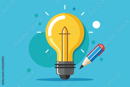 An illustration of a yellow light bulb with a blue pencil on a blue background. The light bulb is glowing brightly and there are white dots and lines surrounding it.