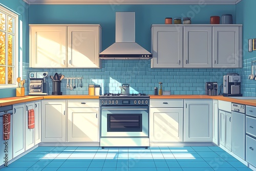 Modern Minimalist Kitchen Design: Elegant Home Kitchen with Blue Accents, Functional Appliances and Hygienic Food Preparation Space