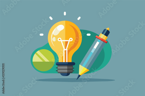 Illustration of a yellow light bulb and a pencil on a blue background. The light bulb represents a new idea and the pencil represents writing it down.