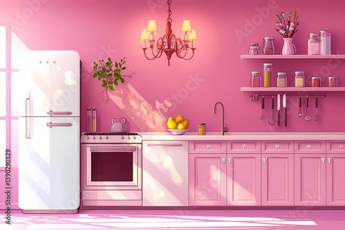 Modern Pink Kitchen Interior Design: Bright, Stylish, and Vibrant Culinary Space with Natural Light