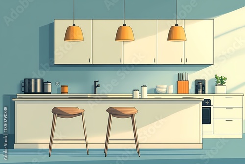 Modern Kitchen Interior Design: Sleek Furniture, Stylish Bar Stools, and Minimalist Decor