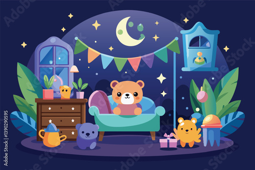 A cozy bedroom scene with a teddy bear sitting on a couch, surrounded by plants, a dresser, and other toys. The room is decorated with string lights and stars, making it feel magical.