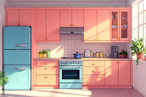 Colorful Modern Kitchen Interior Design with Retro Pink Appliances and Natural Light