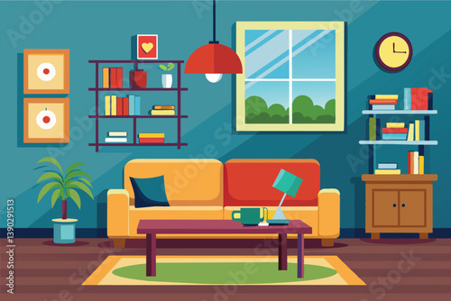 An illustration of a cozy living room interior with a yellow sofa, bookshelves, a plant, and a window with a view of the outdoors.