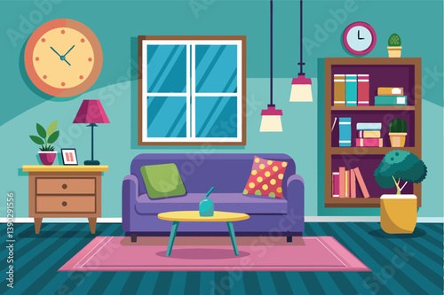 A cartoon illustration of a cozy living room with a purple sofa, a coffee table, a bookshelf full of books, a window, and a lamp.