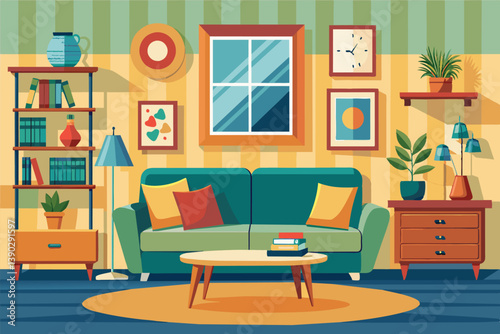 This illustration depicts a cozy living room with a green sofa, a coffee table, and a bookcase. The room is decorated with colorful artwork, plants, and a rug.