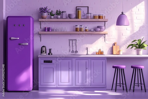 Modern Purple Kitchen with Contemporary Cabinets and Shelves - Elegant Home Interior Design Featuring Trendy Decor and Functional Appliances