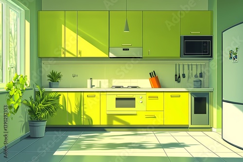 Modern Green Kitchen: Bright and Sleek Interior Design with Natural Light and Eco-Friendly Decor