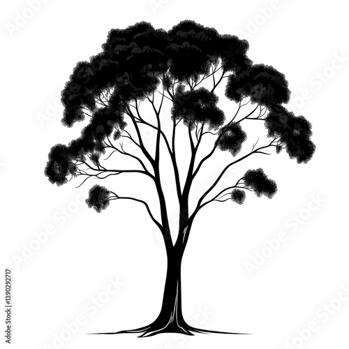 Black Silhouette Tree Illustration: Botanical Vector Art with Leafy Branches for Eco-Friendly Decoration and Minimalist Home Decor