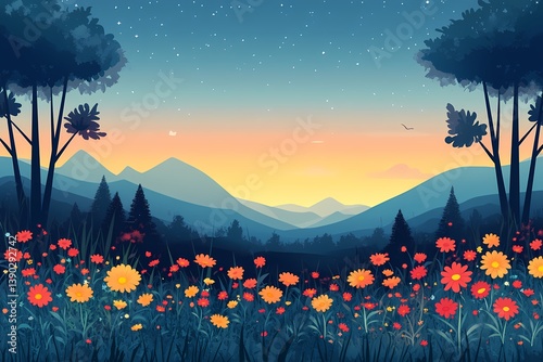 Vibrant Digital Art Landscape Featuring Colorful Flowers and Sunset Over Peaceful Mountains
