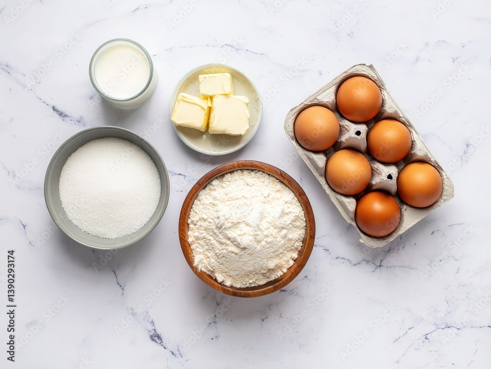 A collection of baking ingredients on a marble countertop. A collection of baking ingredients on a marble countertop.