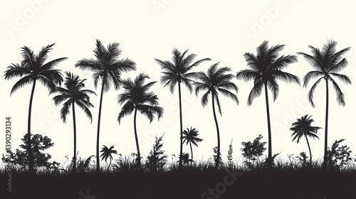 Tropical Paradise Silhouette: Palm Trees in Black and White Scenic View